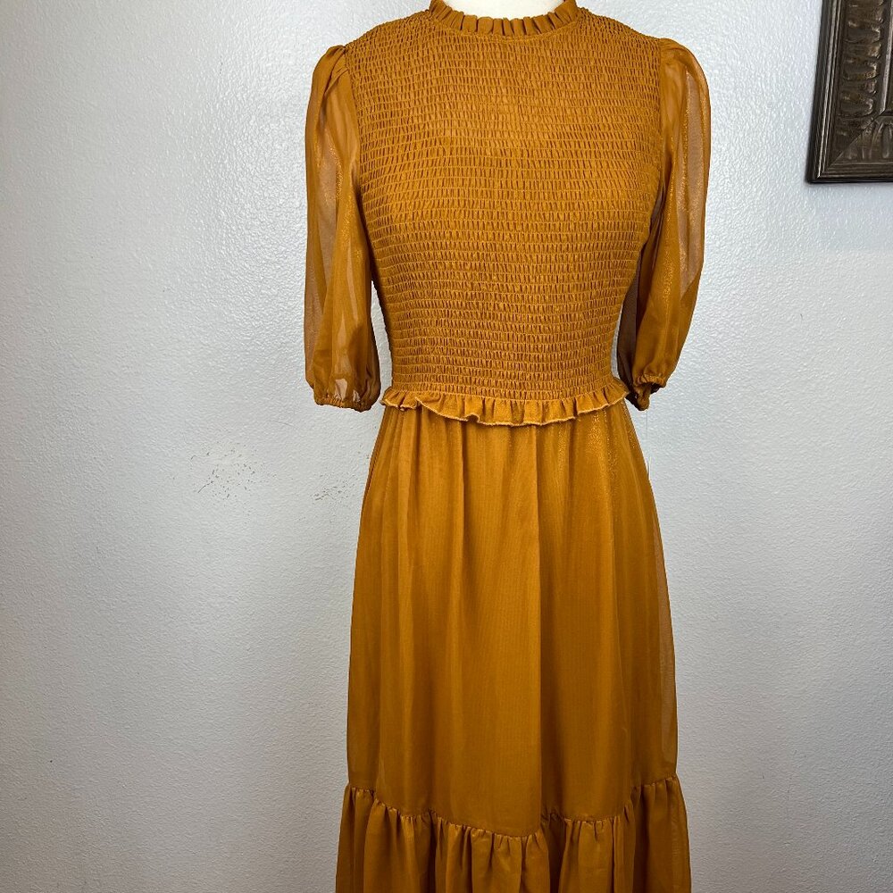 NWT Nanette Lepore Midi Dress 8 Medieval Gold Tiered Ruffle Smocked Puff Sleeve